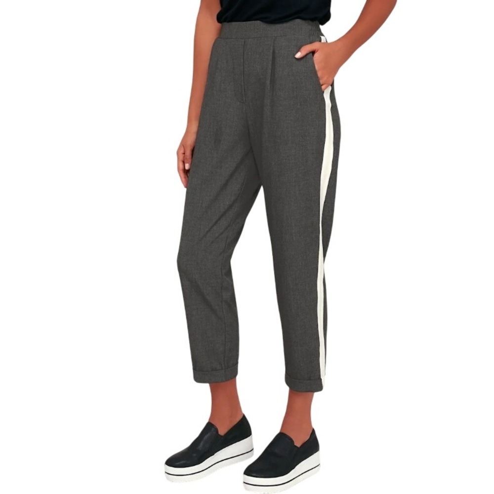 Lulus Womens Cropped Pull On Pants Medium Gray Side Stripe Pocket Stretch S13124